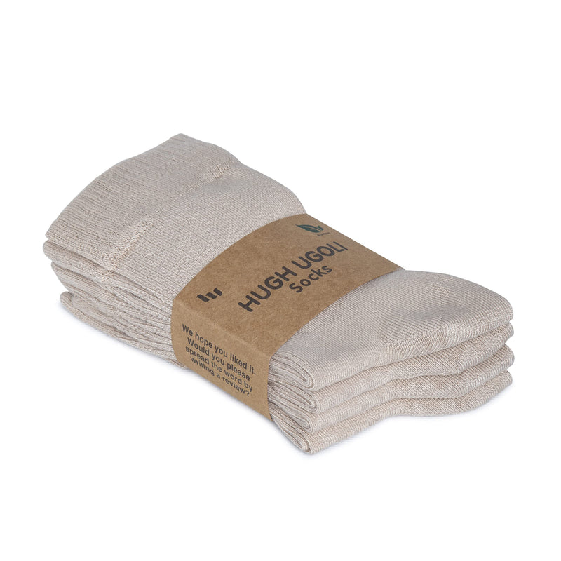 [Australia] - Hugh Ugoli Women's Bamboo Diabetic Crew Socks, Thin, Loose Fit, Soft, Wide Stretchy, Seamless Toe, 4 Pairs 6-9 Light Beige 