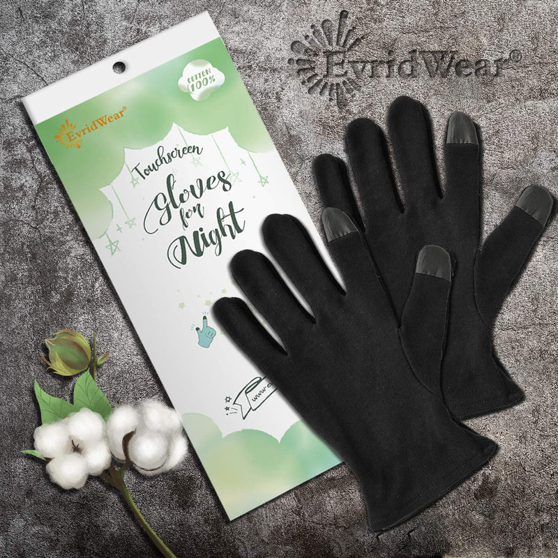 [Australia] - EvridWear 100% Cotton Touchscreen Moisturizing Beauty Gloves with Elastic Cuff, Natural Cosmetic Therapy Gloves for Eczema SPA Dry Hands Care Overnight (Black, Large) 2 Pairs Large (4 Count) 2Pairs-Black 