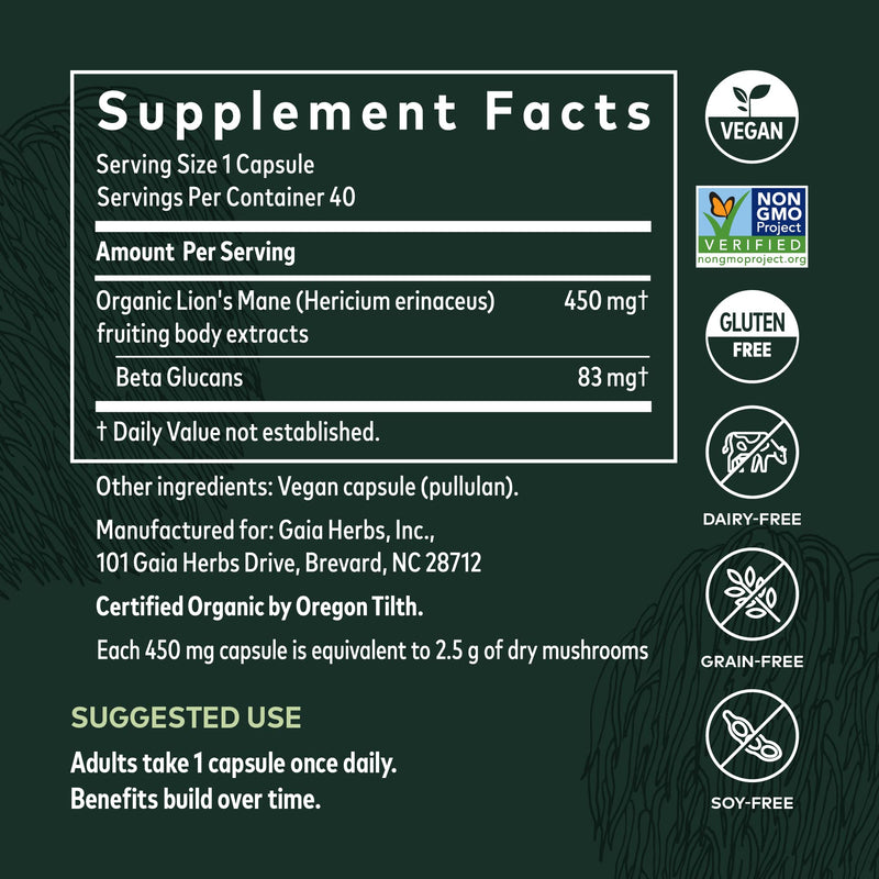 [Australia] - Gaia Herbs Lion’s Mane Mushroom - Brain and Nerve Support Supplement to Help Maintain Neurological Health* - with Organic Lion's Mane Mushrooms - 40 Vegan Liquid Phyto-Capsules (40-Day Supply) 
