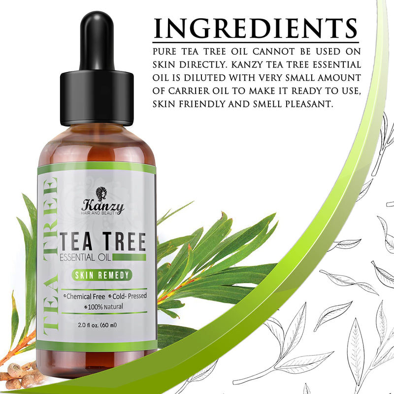 [Australia] - Kanzy Tea Tree Oil for Skin 60ml Treatment for Hair, Face, Acne Blemishes, & Nails Natural Vegan Organic Tea Tree Essential Oil 