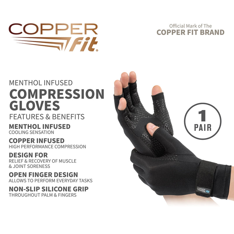[Australia] - Copper Fit ICE Compression Gloves Infused with Menthol and Coq10 for Recovery, Black Small/Medium 
