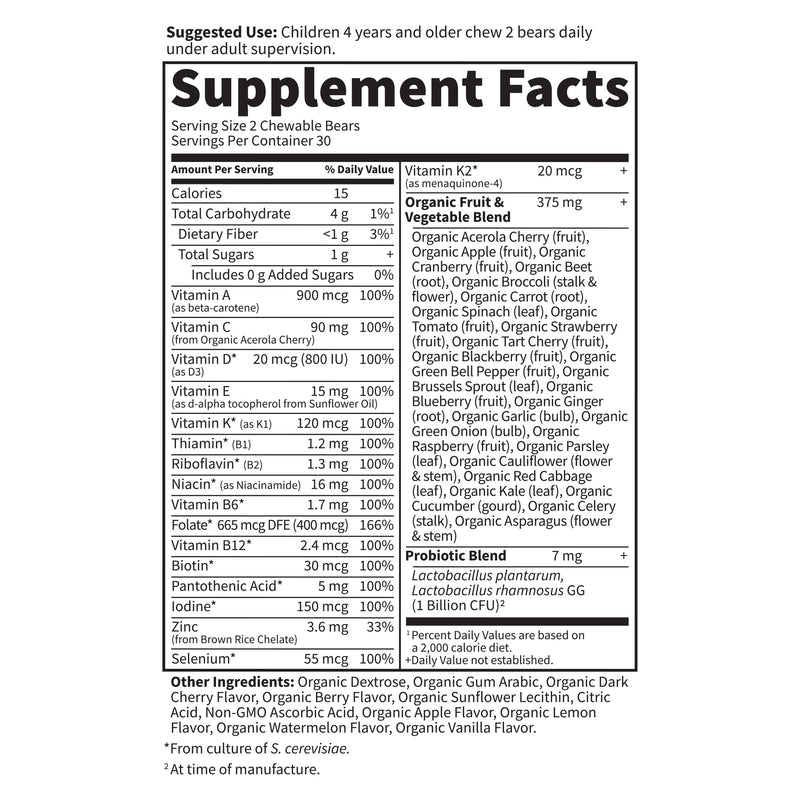 [Australia] - Garden of Life Vegetarian Multivitamin Supplement for Kids, Vitamin Code Kids Chewable Raw Whole Food Vitamin with Probiotics, 60 Chewable Bears 60 Count (Pack of 1) 