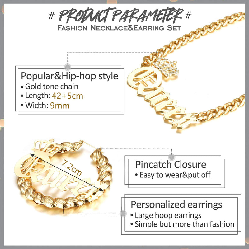 [Australia] - sailimue Queen Pendant Curb Chain Necklace with Oversize Statement Bamboo Hoop Earring Set for Women Gold Plated Color Punk Style Hip Hop Rapper A:Twist Earring+Queen Necklace 
