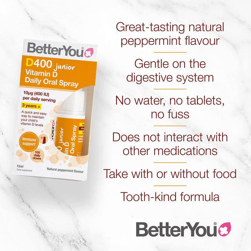 [Australia] - BetterYou Vitamin D 400 IU Junior Daily Oral Spray, Pill-free Vitamin D3 Supplement for Children, 3-month Supply, Made in the UK, Natural Peppermint Flavour 15 ml (Pack of 1) 