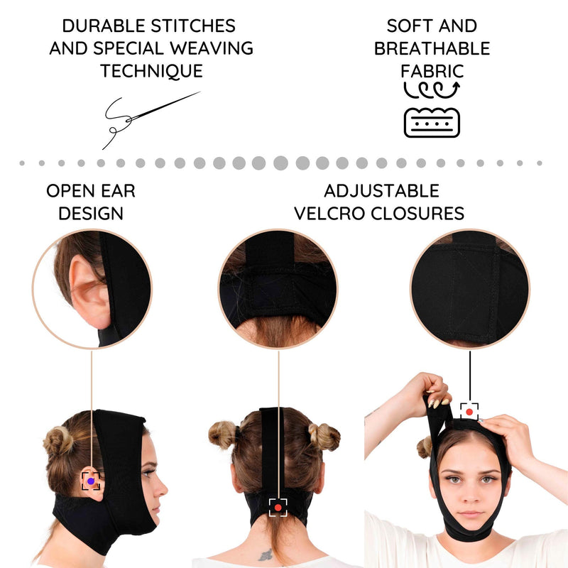 [Australia] - Post Surgery Neck and Chin Compression Garment Wrap Bandage for Women, Face Slimmer, Jowl Tightening, Neck Coverage, Chin Lifting Strap Black Medium (Pack of 1) 