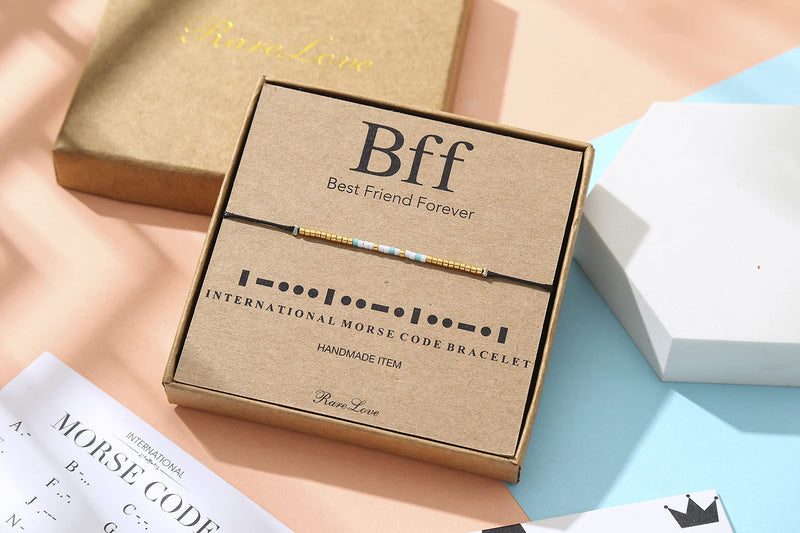 [Australia] - RareLove BFF Morse Code Beaded Bracelet Long Distance Relationships Friendship Gifts for Best Friends Waterproof Gold Blue White Tiny Pony Seed Beads Black String 