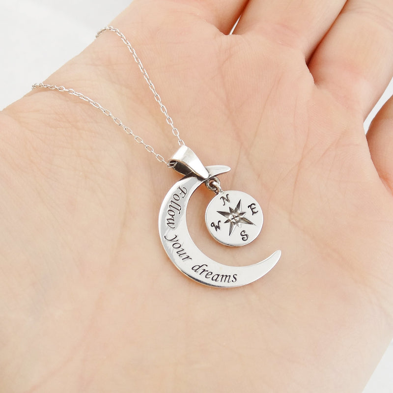 [Australia] - FashionJunkie4Life Sterling Silver Follow Your Dreams Crescent Moon w/Compass Pendant Necklace, 18" Chain 