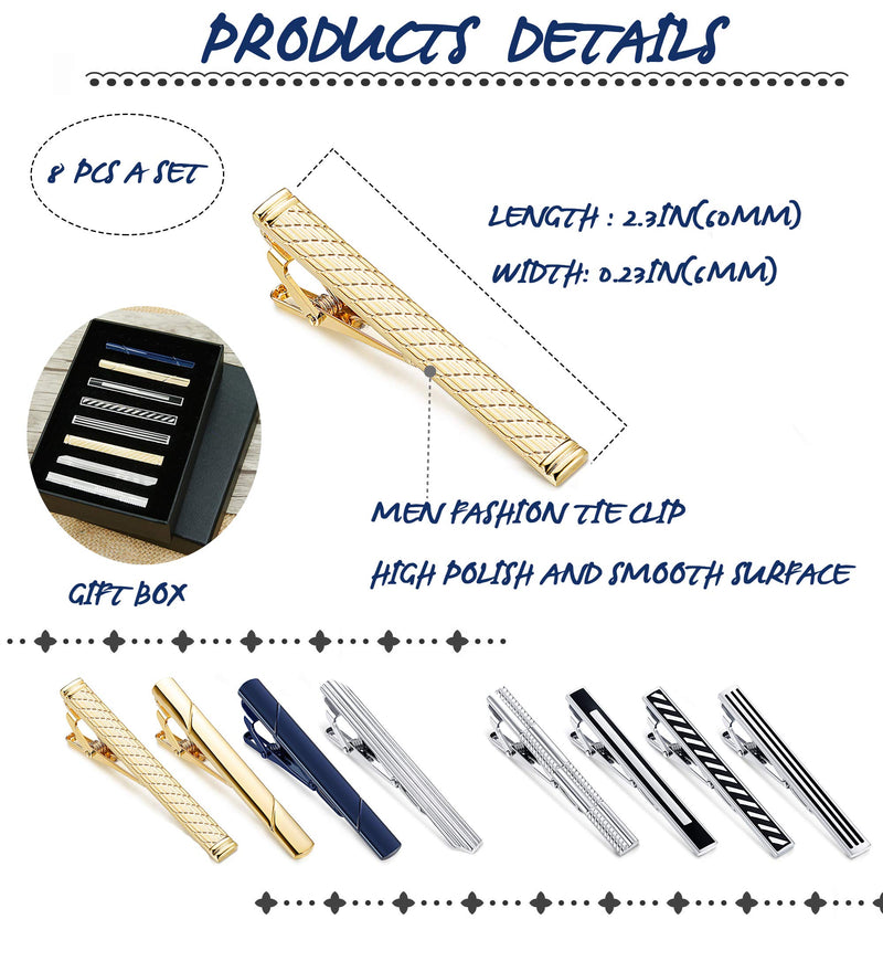 [Australia] - Hanpabum 8pcs Tie Bar Clips for Men Tie Clip Set for Regular Ties Mens Wedding Business Jewelry with Gift Box A:8pcs Tie clips 