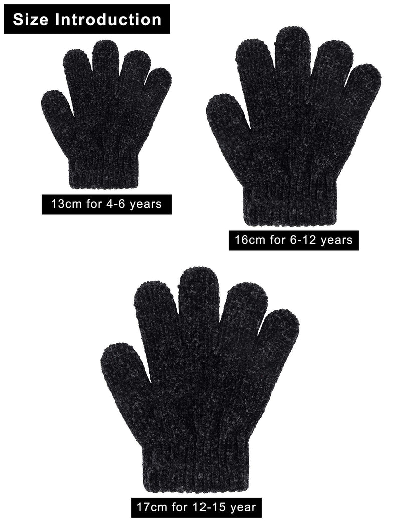 [Australia] - Cooraby 12 Pairs Kids Warm Gloves Chenille Cashmere Stretchy Knitted Gloves for Boys Girls 6-12 Years Black 