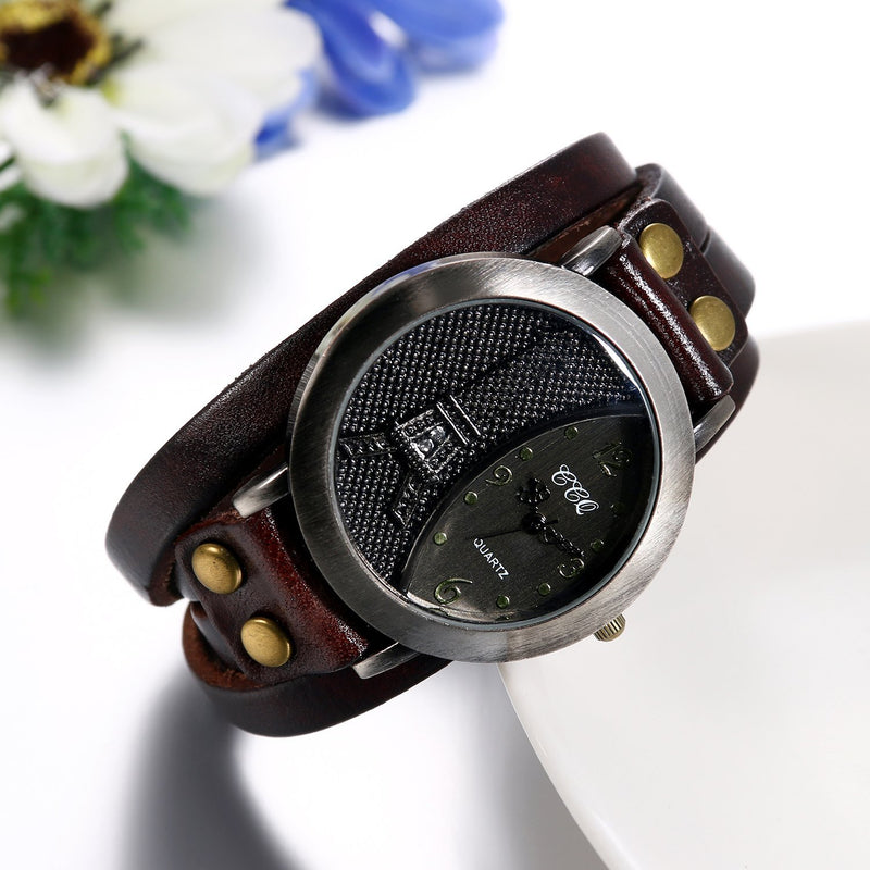 [Australia] - JewelryWe Women Mens Vintage Style Eiffel Tower Pattern Wrist Watch Multilayer Wrap Bracelet Quartz Wristwatch Brown 