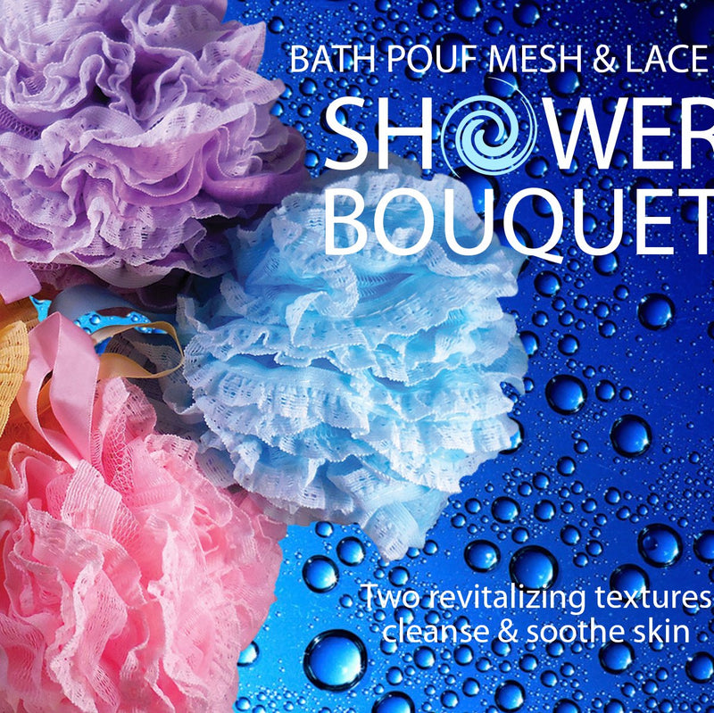 [Australia] - Loofah-Bath-Sponge Lace-Mesh-Set >> 2-Scrubs-in-1 by Shower Bouquet: Large Full 60g Pouf (4 Pack Spa Colors) Body Luffa Loofa Loufa Puff - Exfoliate, Cleanse Skin with Luxurious Bathing Accessories 