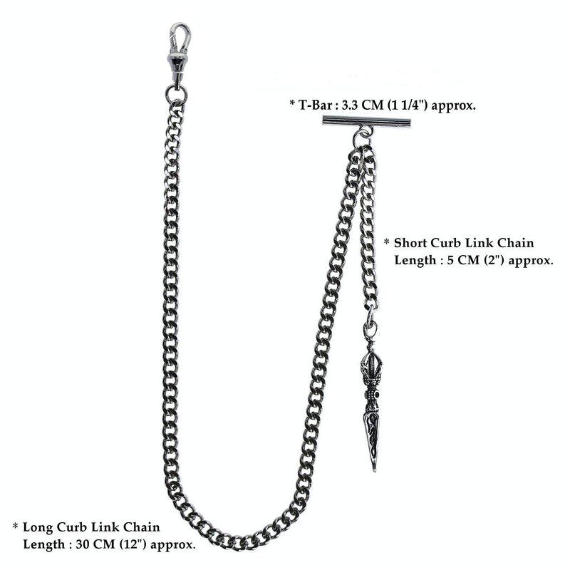 [Australia] - WATCHVSHOP Albert Chain Silver Tone Pocket Watch Chain Vest Chain with Ancient Spear Design Fob on Drop T Bar Swivel Clip AC124A 