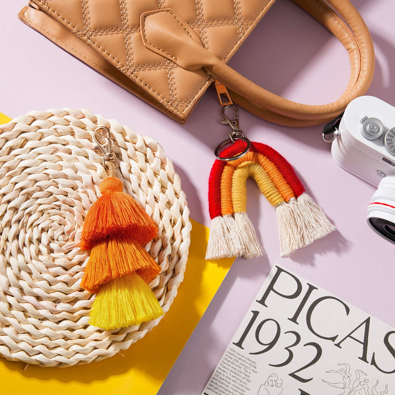 [Australia] - 2 Pieces Boho Rainbow Keychains Pom Pom Tassel Macrame Keychains for Women Girls Bright Color 