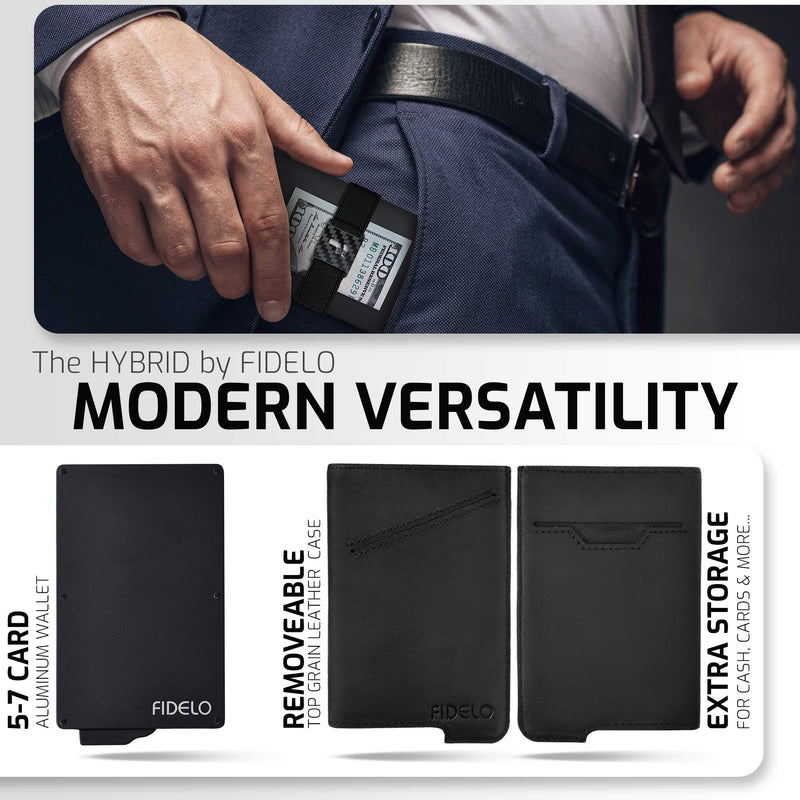 [Australia] - FIDELO Minimalist Wallet for Men - Slim Credit Card Holder RFID Mens Wallets with Cash Pocket Removable Case Black Top Grain Crazy Horse Leather 
