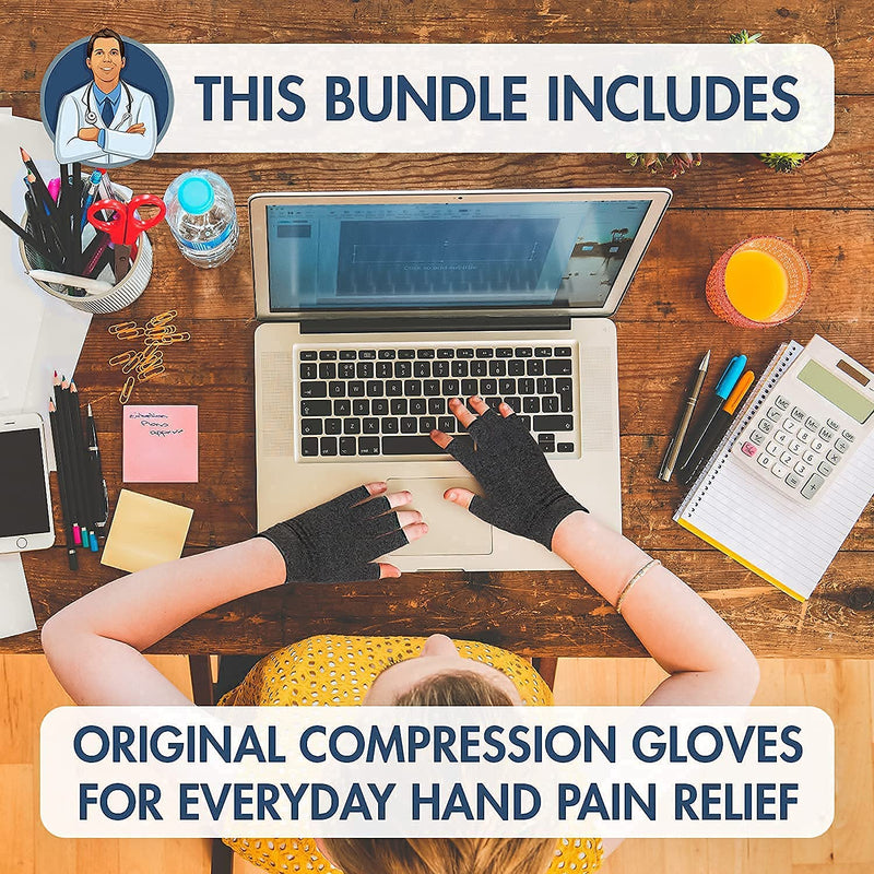 [Australia] - Dr. Frederick's Original Fingerless Compression Glove Bundle - 3 Pairs - Original, Grippy, and Copper Compression Gloves - For Women & Men - Triple Pain Relief - Large 