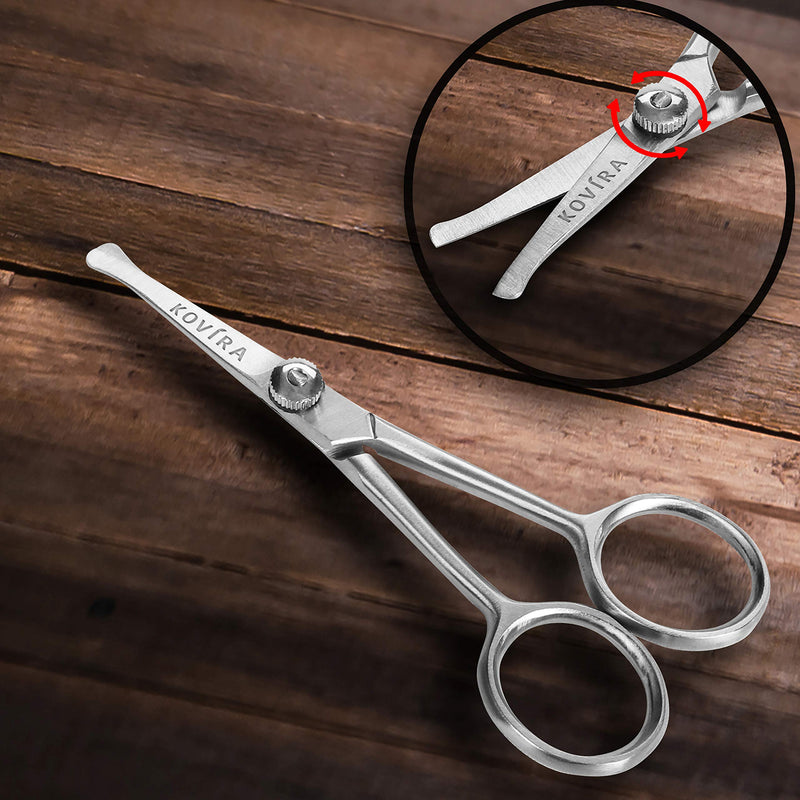 [Australia] - Kovira Precision Nose Hair Scissors with Adjustable Tension Screw - 10.16cm/4 Inch Overall Length - Rounded Safety Scissors for Trimming Nasal Hair - Also for Grooming Eyebrows, Ear Hair & Beards 