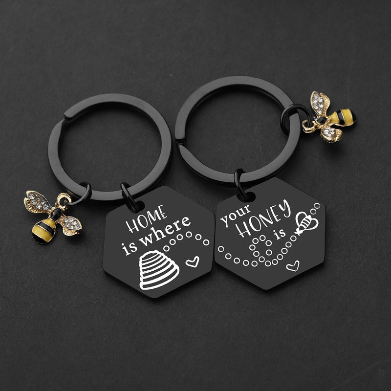 [Australia] - MAOFAED Matching Couples Keychains Honey Beehive Keychains Home is Where Your Honey is Housewarming Couples Gift your honey is black 