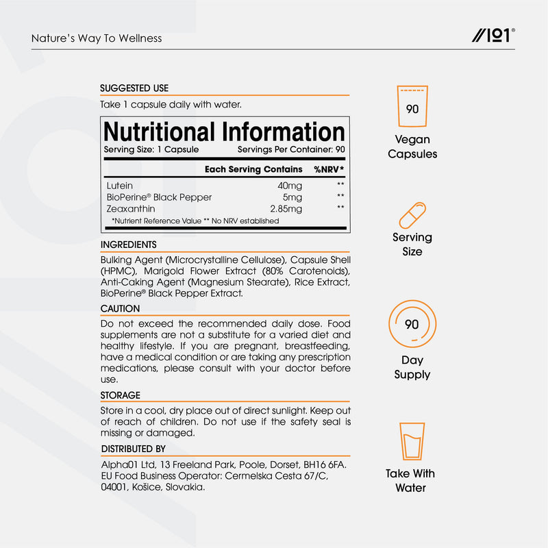 [Australia] - Lutein & Zeaxanthin with BioPerine® – Natural Carotenoids from Marigold Extract – 40mg Lutein 2.85mg Zeaxanthin – Non GMO, Halal – 90 Vegan Capsules 