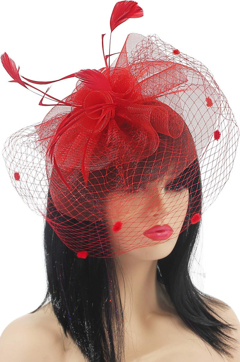 [Australia] - Fascinators for Women Wedding Veil Hats Tea Party Fascinator Headband Kentucky Derby Headwear Cocktail Feathers 002-a-red 