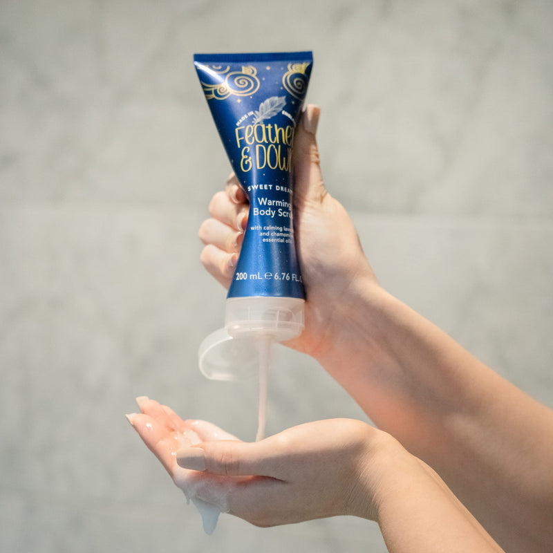 [Australia] - Feather & Down Warming Body Scrub (200ml) - With Calming Lavender & Chamomile Essential Oils. Exfoliates & Gently Warms Tired Muscles. Relieving Tensions from the day. 