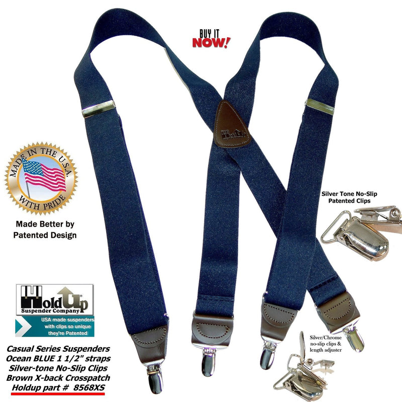 [Australia] - Holdup Suspender Company's Dark Ocean Blue Suspenders in X-back Style and Patented No-slip Silver-tone Clips 