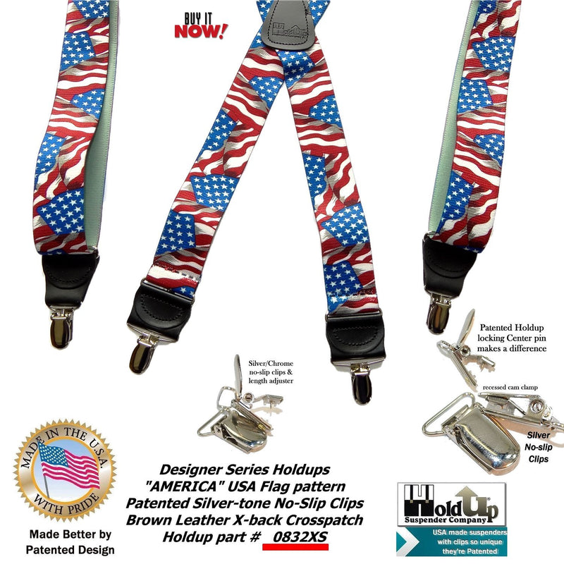 [Australia] - Holdup USA Flag Pattern Designer series X-back suspenders in 1 1/2" width and patented No-slip Silver-tone Clips 