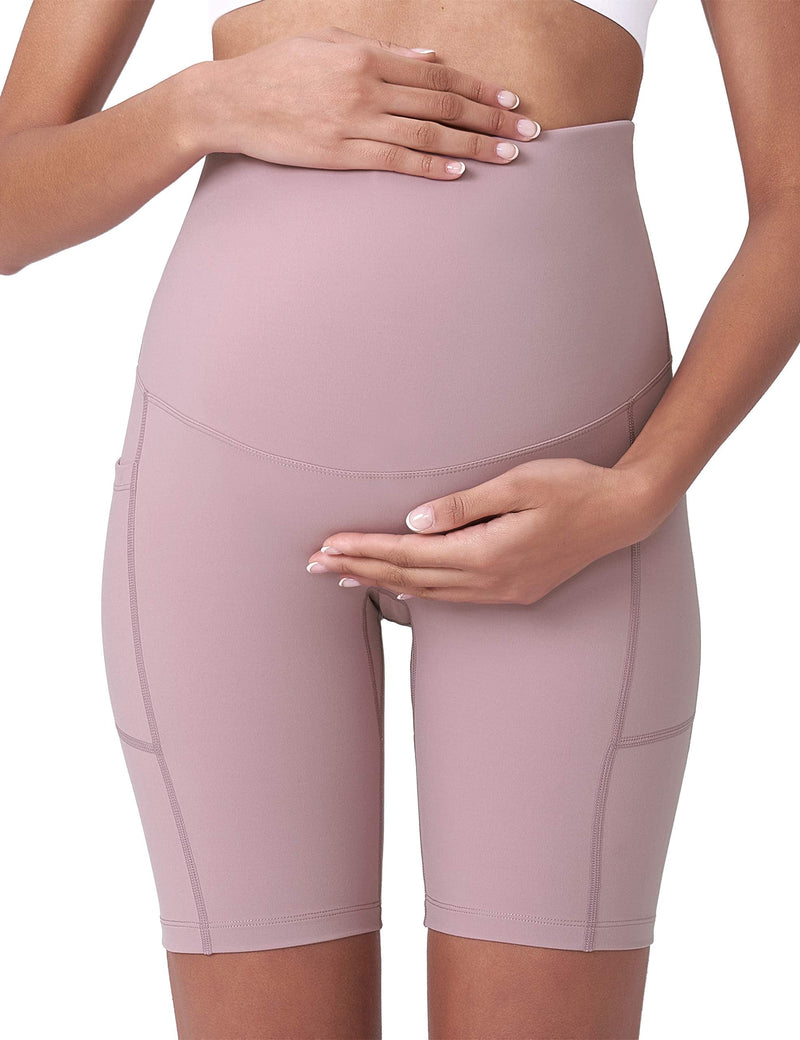 [Australia] - POSHDIVAH Women's Maternity Yoga Shorts Over The Belly Bump Summer Workout Running Active Short Pants with Pockets 5"/8" Large Pink 8" 