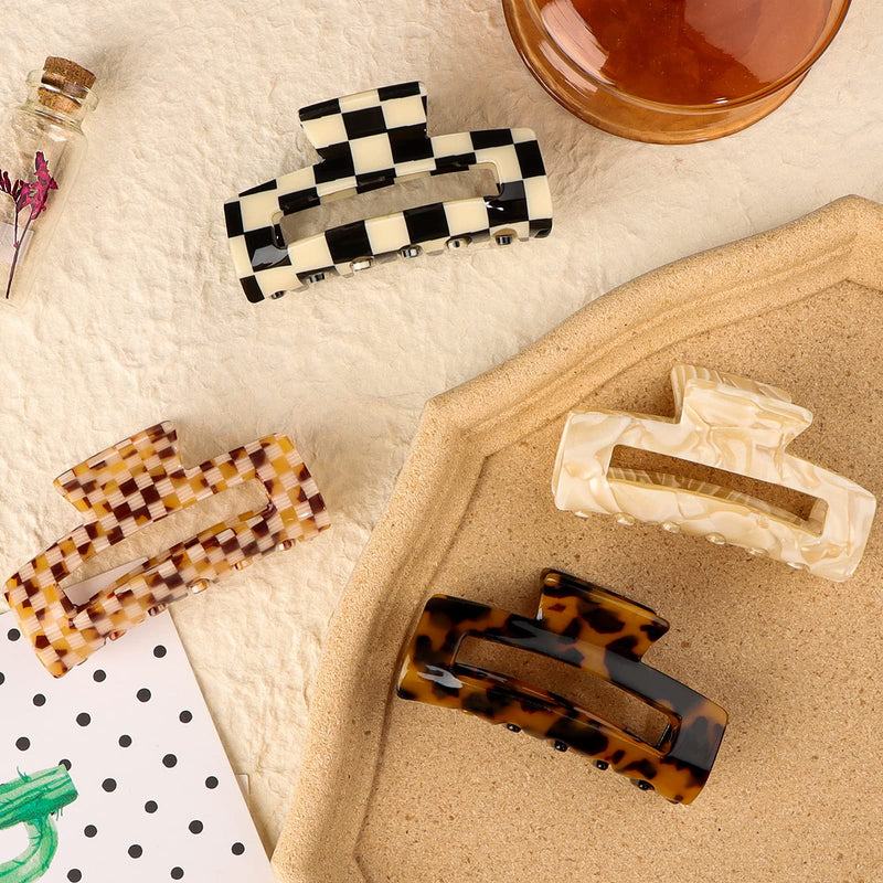 [Australia] - HAYHOI 4PCS Hair Claw Clips, Celluloid French Butterfly Jaw, Tortoise Shell Grip Pin Teeth Clamp-Stylish Accessories for Women Girls Thick Thin Curly Straight Long Hair, Checkerboard, Leopard, White 1C 