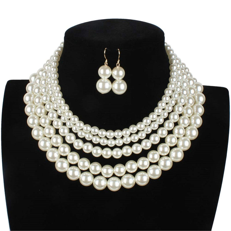 [Australia] - Thkmeet Women Elegant 5 Layer Pearl Bead Cluster Collar Choker Necklace and Earrings Set White 