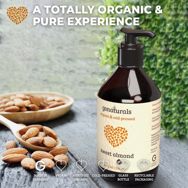 [Australia] - GoNaturals Organic Sweet Almond Oil - Organic Almond Oil: Effective Almond Oil For Skin & Hair Growth Oil - Ideal Sweet Almond Oil For Skin With Body Oil For Dry Skin - Almond Massage Oil, 250ml 