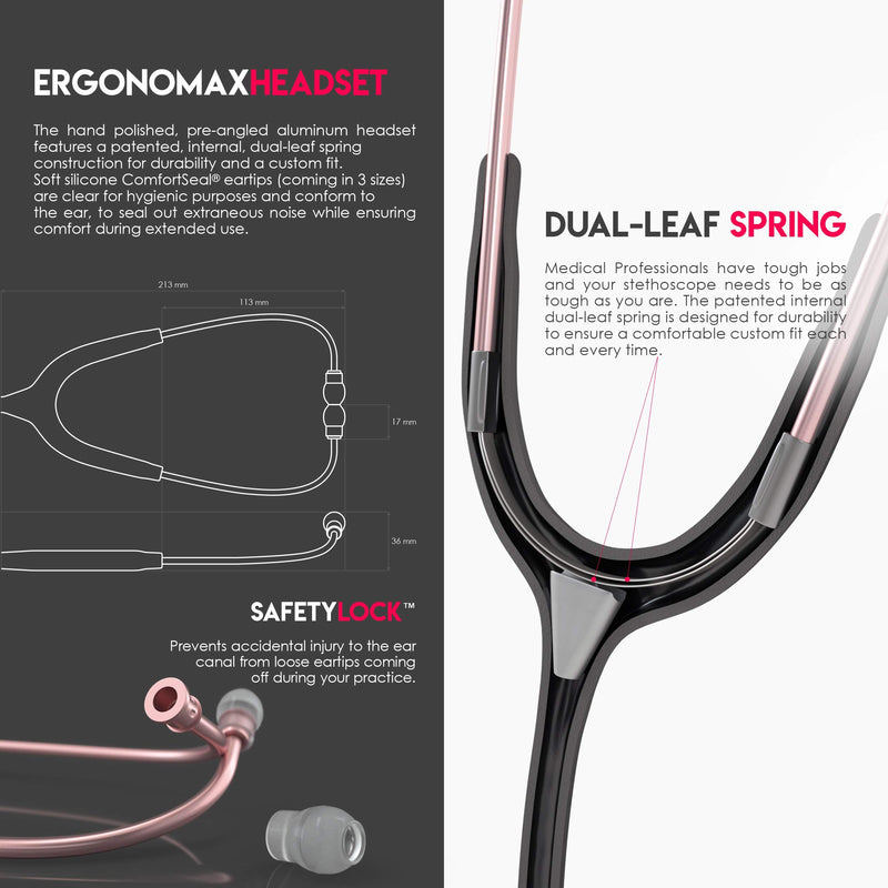 [Australia] - MDF Acoustica Lightweight Stethoscope, Adult, Dual Head, Free-Parts-for-Life, Black Tube, Rosegold (Matte Finish) Chestpiece-Headset, MDF747XPRG11 RoseGold (Matte) - Black 