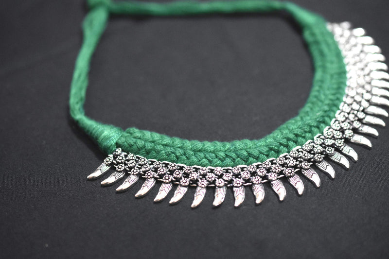 [Australia] - Tripti Indian Hand Braided Thread Oxidized Rajasthani Vintage Tribal Ethnic Bollywood Silver Adjustable Choker Necklace for Women and Girls Green 