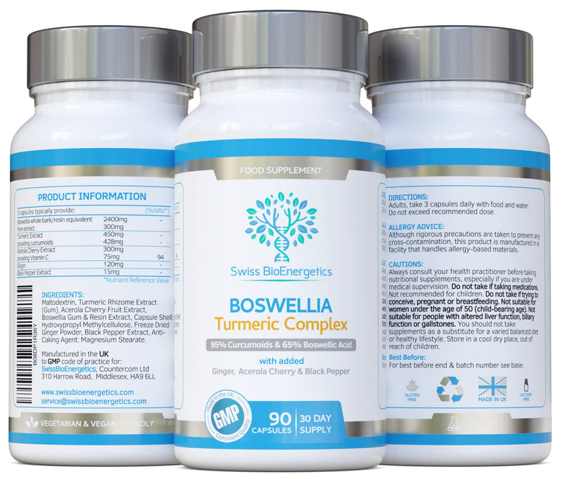 [Australia] - Boswellia & Turmeric Complex – 90 Capsules – containing Minimum 95% Curcumoids & 65% Boswellic Acid - with Added Ginger, Acerola Cherry and Black Pepper 