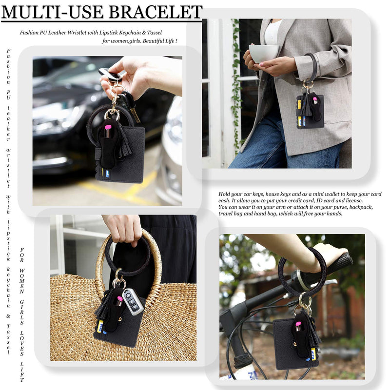 [Australia] - BIHRTC Wristlet Wallet Bracelet Keychain Pocket Card Holder Tassel Keyring with Charpstick Holder for Women Black 