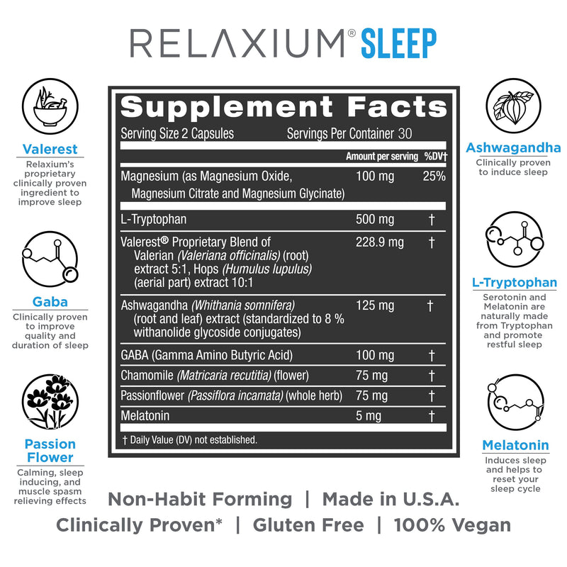 [Australia] - Relaxium Natural Sleep Aid | Non-Habit Forming | Sleep Supplement for Longer Sleep & Stress Relief w/ Magnesium, Melatonin, GABA, Chamomile, & Valerian (60 Vegan Capsules, 30 Day Supply) 