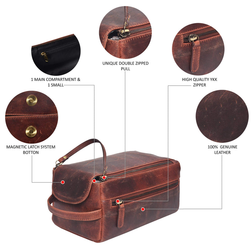 [Australia] - Leather Toiletry Bag for Men and Women - Hanging Water Resistant Travel Dopp Kit Tobacco 