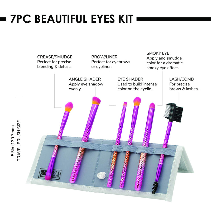 [Australia] - MODA Travel Size Prismatic Beautiful Eyes 7pc Makeup Brush Set with Pouch, Includes - Angle Shader, Crease Smudger, Eye Shader, Smoky Eye, Brow Liner and Lash Comb Brushes 