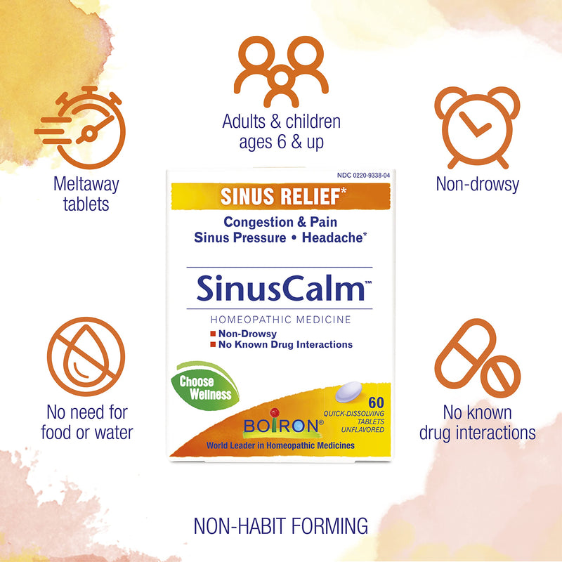 [Australia] - Boiron SinusCalm Tablets for Sinus Pain Relief, Runny Nose, Congestion, Sinus Pressure, Headache - 60 Count 60 Count (Pack of 1) 