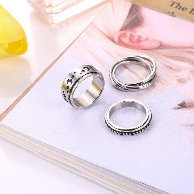 [Australia] - CASSIECA 3 Pcs Stainless Steel Spinner Ring for Women Mens Fidget Band Cool Rings Moon Star Celtic Stress Relieving Wide Wedding Promise Rings Set(Size 5-12) 