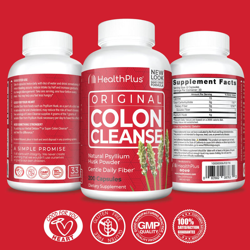 [Australia] - Health Plus Colon Cleanse - Natural Daily Fiber - Gluten Free, Detox, Heart Healthy (200 Capsules, 33 Servings) 