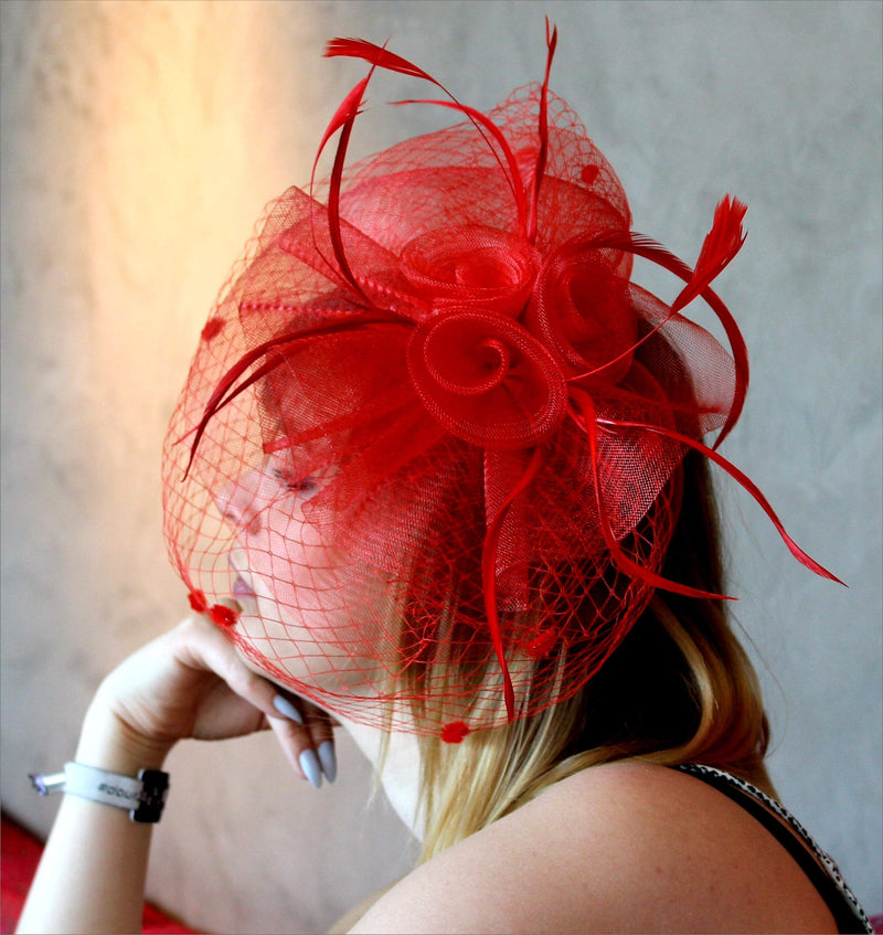 [Australia] - Fascinators for Women Wedding Veil Hats Tea Party Fascinator Headband Kentucky Derby Headwear Cocktail Feathers 002-a-red 