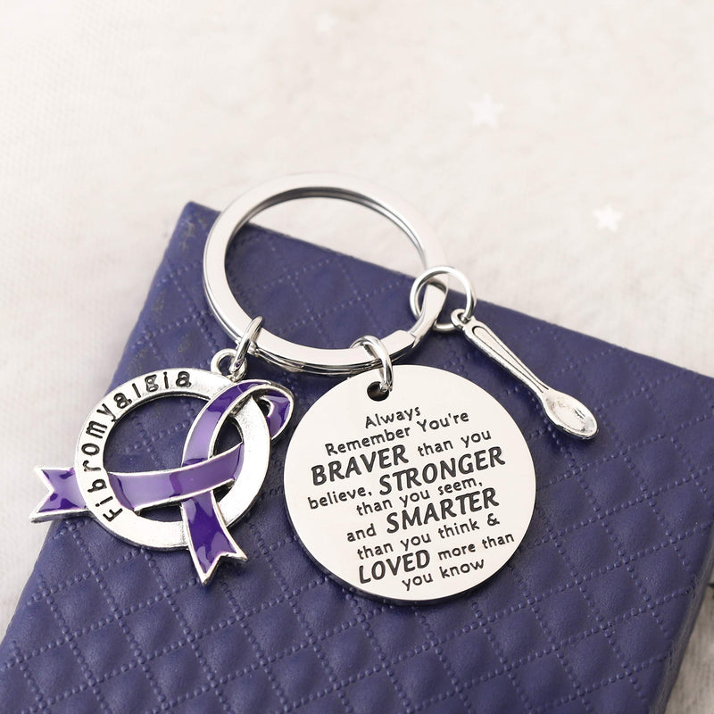 [Australia] - FUSTMW Fibromyalgia Awareness Keychain Gifts Fibromyalgia Awareness Ribbon You are Braved Than You Believe Fibromyalgia Inspiration Jewelry silver 