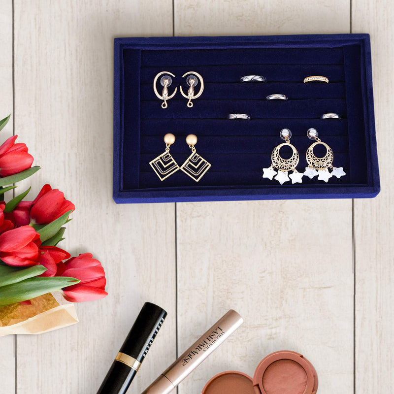 [Australia] - Velvet 7 Slots Ring Earrings Trays Showcase Display Jewelry Organizer (Blue) Blue 