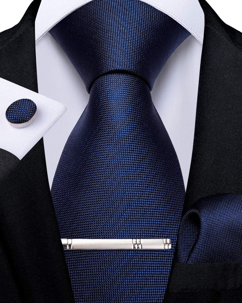 [Australia] - DiBanGu Men's Silk Necktie Solid Plain Tie and Pocket Square Cufflink Set Formal Business Wedding 03 Navy Blue 