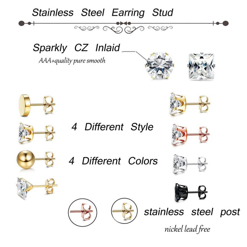 [Australia] - Milacolato 16 Pairs 20G Stainless Steel Stud Earrings for Men Women Multicolor CZ Round Ball Earrings Set Cartilage Piercing Earring, 3-8mm 