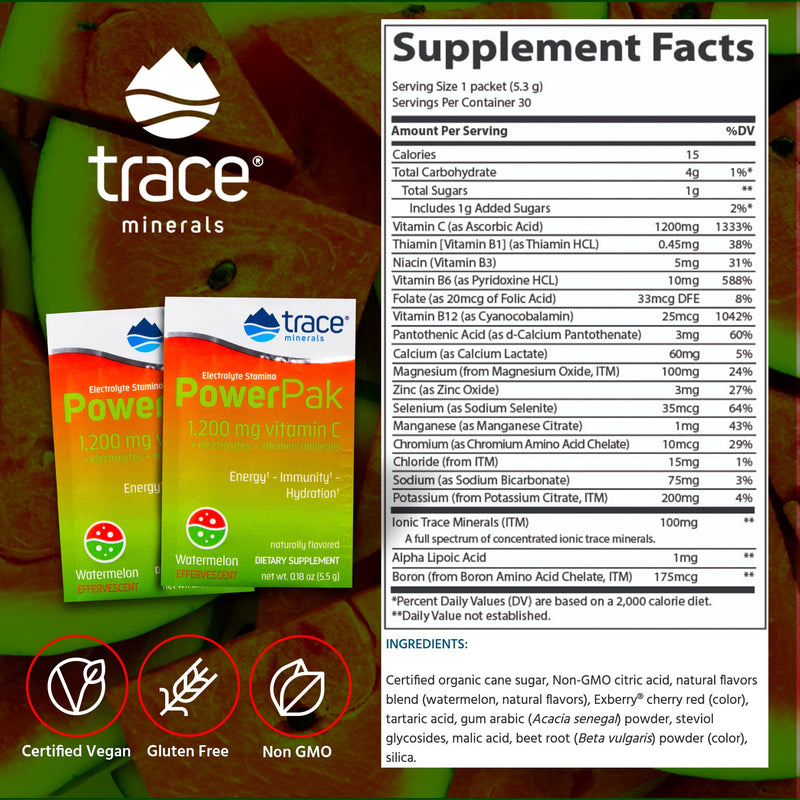 [Australia] - Trace Minerals – Power Pak (Watermelon) | Electrolyte Powder Packets with Vitamin C & Zinc | Powerful Hydration, Immune, Stamina & Energy Support with Essential Vitamins & Minerals (30 Packets)… (1) 1 