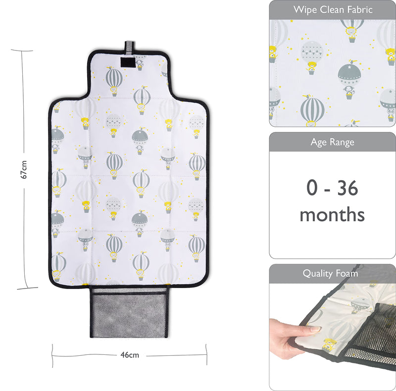 [Australia] - Polar Gear Baby Portable Changing Mat, Wipe Clean Compact Change Mat for Newborns & Toddlers, Travel Nappy Changing Bag with Pocket – Soft, Padded & Fits into Handbags/Backpacks – Hot Air Balloon Black, white, grey 