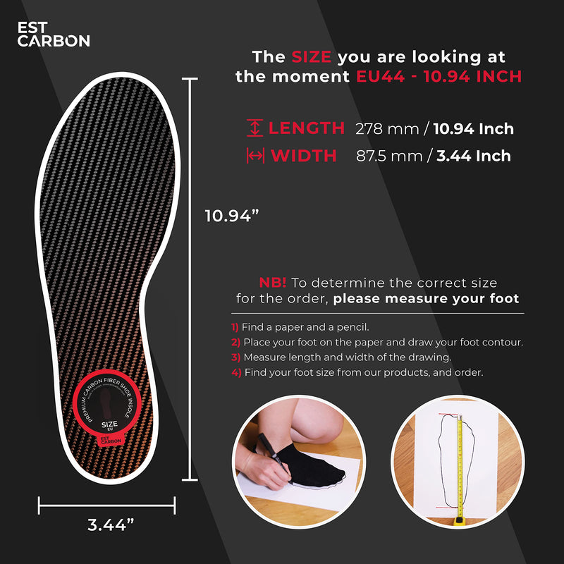 [Australia] - Recovery Carbon Fiber Insole, 1Piece, Shoe Insert, Very Rigid Ortho Foot Support Best for Arthritis, Sesamoiditis, Toe Fracture - Trauma - Alternative to Post Op Shoe - 278mm, EU44, 10.94 Inch 10.94 Inch, should fit Men's Size 12 