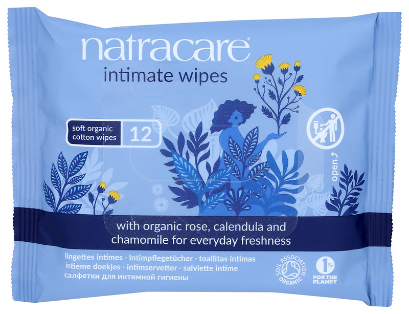 [Australia] - Natracare Organic Cotton Intimate Wipes Infused with Organic Essential Oils of Chamomile, Calendula and French Rose, 12 Wipes per Pack (1 Pack, 12 Wipes Total) 12 Count (Pack of 1) 