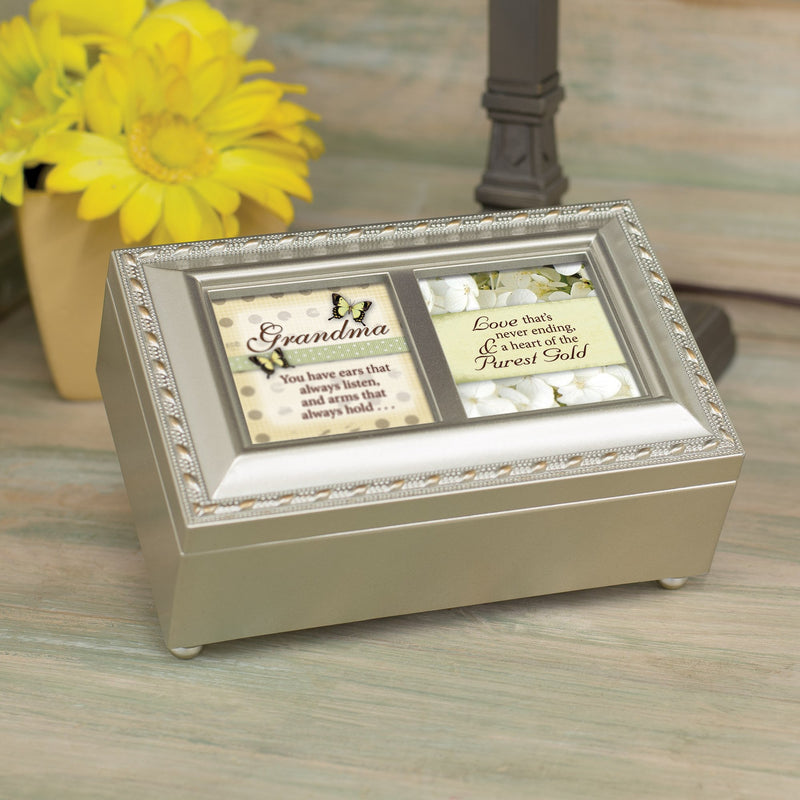 [Australia] - Cottage Garden Grandmother Love Never Ending Brushed Silvertone Jewelry Music Box Plays Amazing Grace 